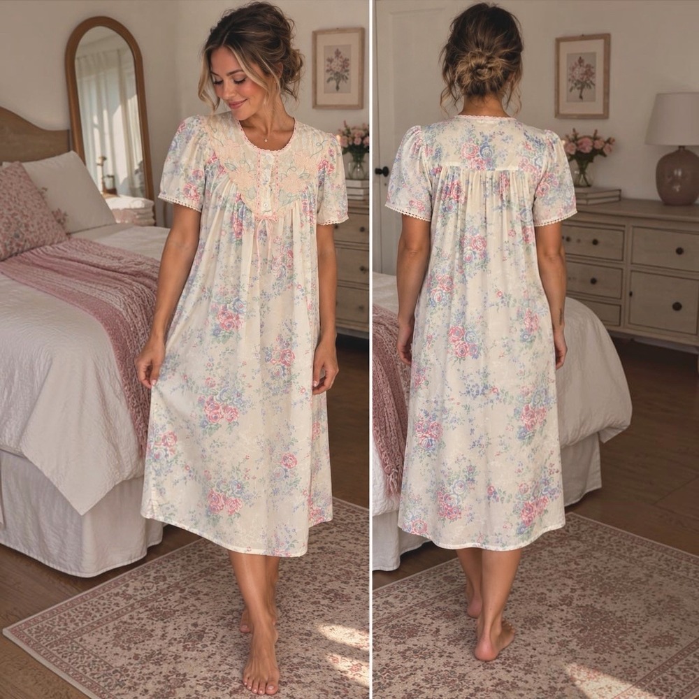 Vintage Gilligan O'Malley Floral Nightgown Lace Cottagecore Prairie Gown